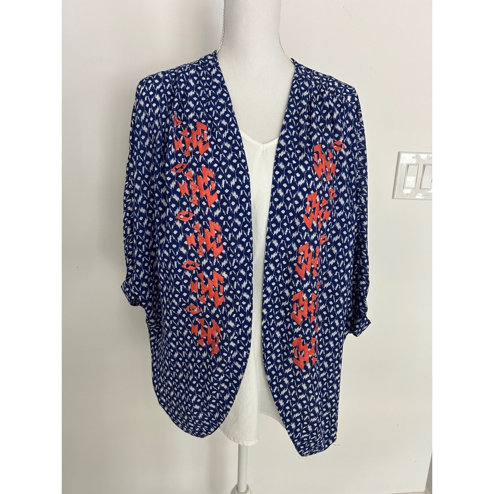 Miss Me Blue White Ikat Embroidered Kimono Cardigan MDJ109L Womens Small Boho
